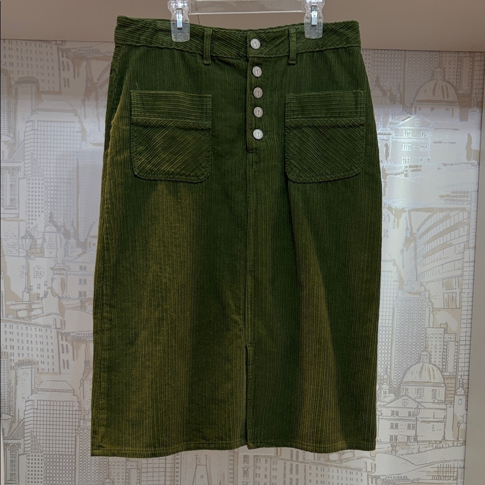 Anthropologie Olive Green Corduroy Button-Front Midi Skirt